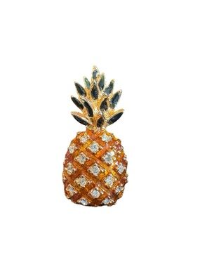 Pineapple Crystal Brooch - Gold Tone with Orange Enamel